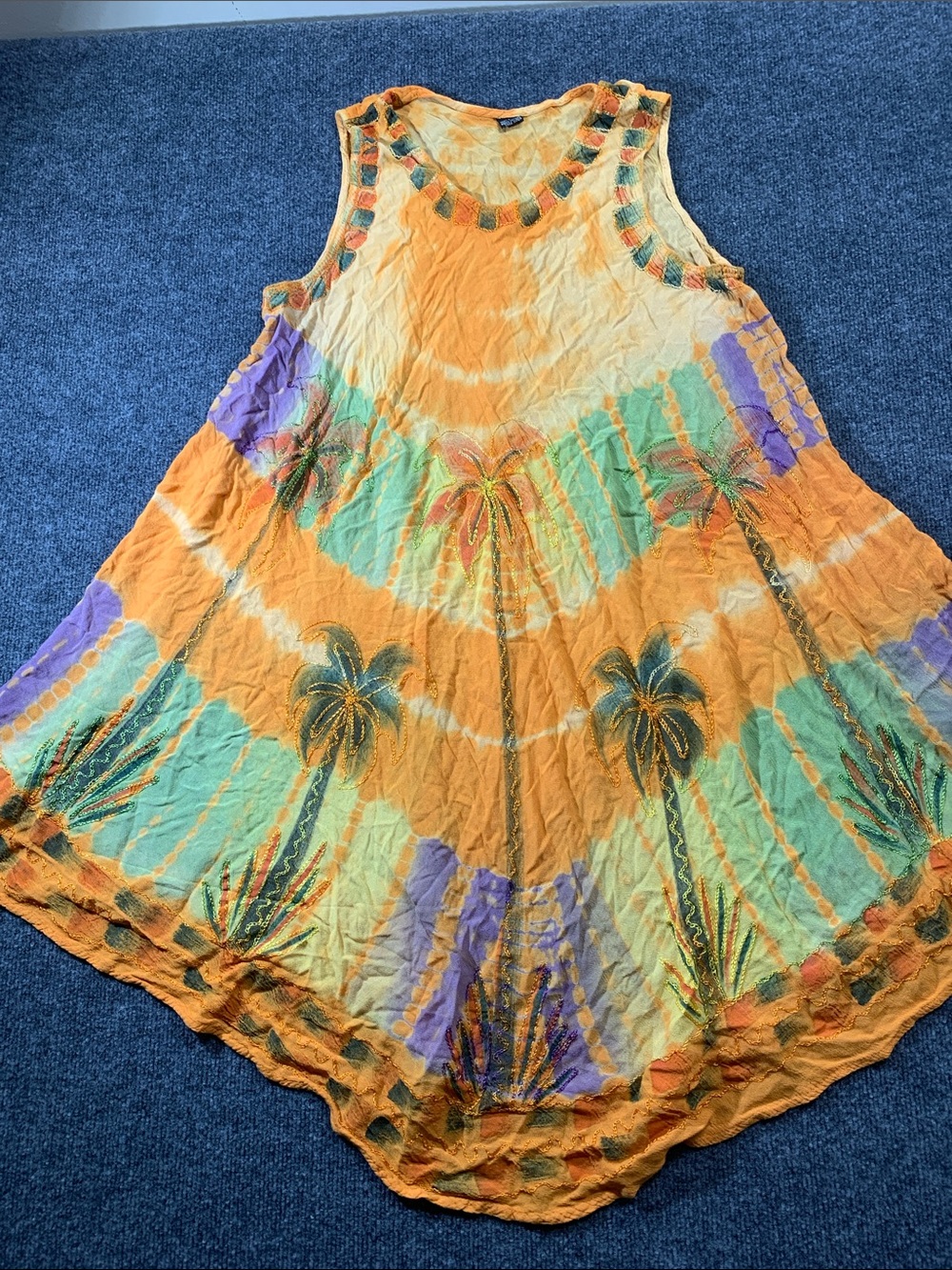 Boho Palm-Print Sleeveless Dress in Orange and Mint